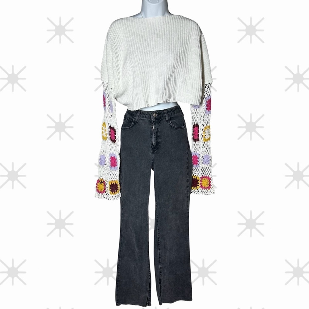 Forever 21 Black Washed Flare Wide Leg Jeans Frayed Hem Vintage Y2K Denim Size29
